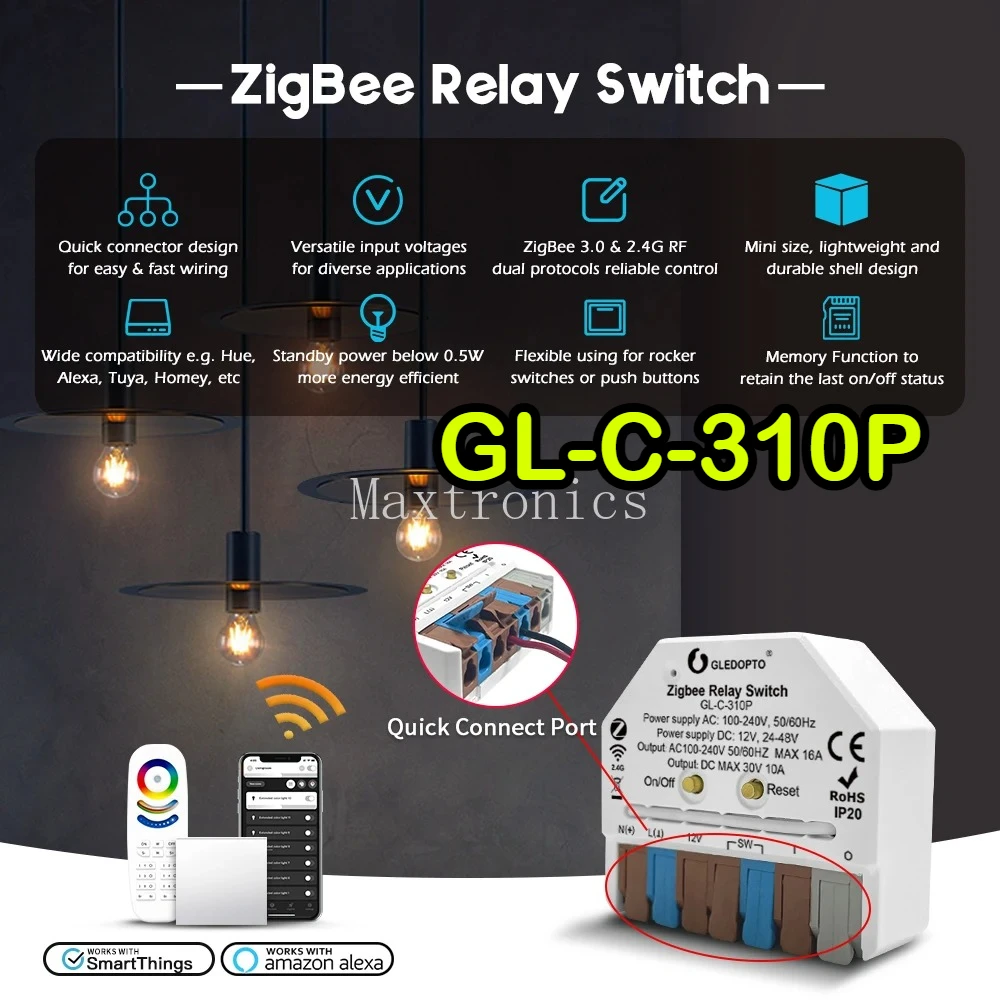 

NEW ZigBee 3.0 ON OFF Relay Switch GL-C-310P GLEDOPTO AC DC Power Electric APP Voice Control Push Switch Alexa Tuya SmartThings