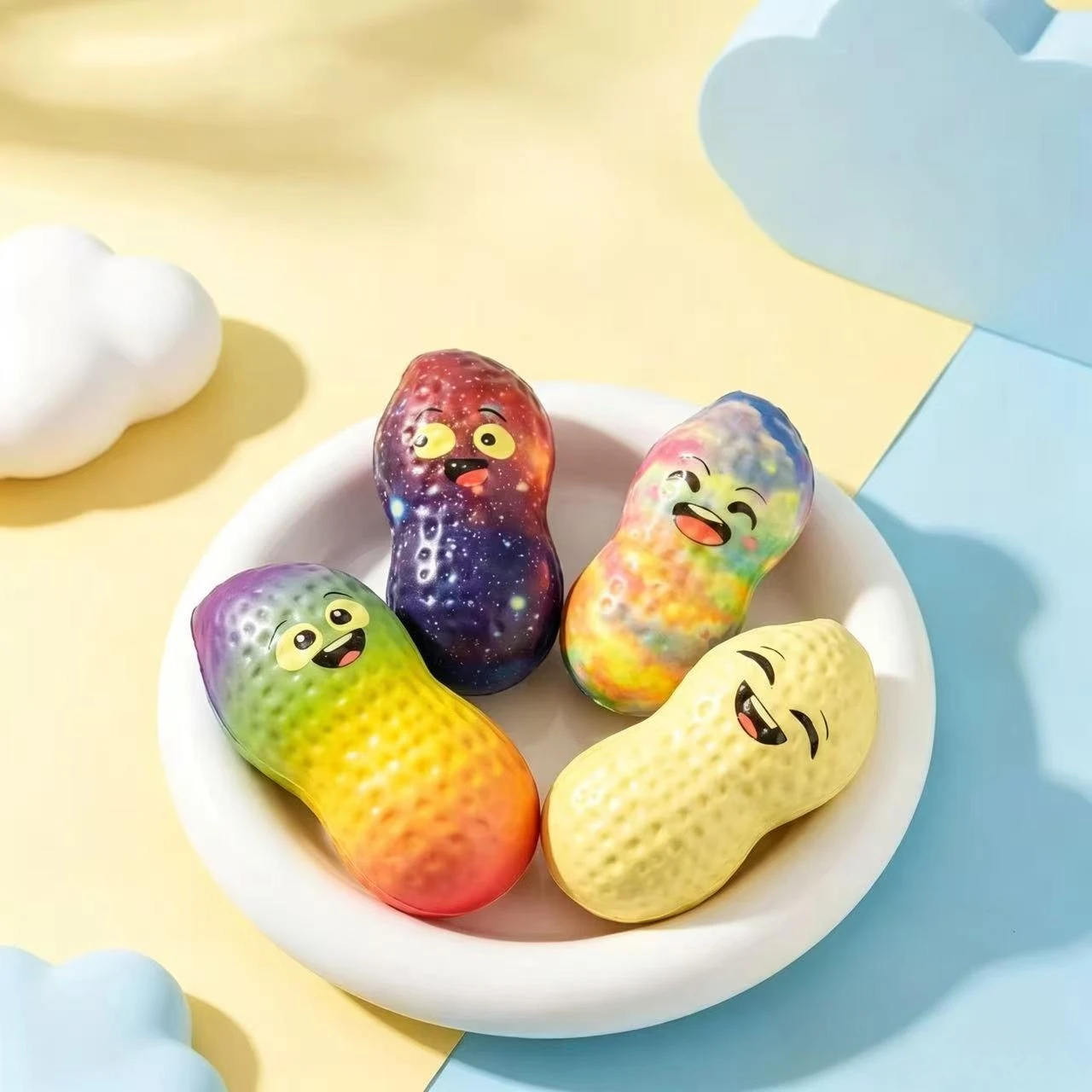 Colorful Smiley Face Good Luck Peanut PU Squishy Slow Rebound Toy Mud Texture Slow Rising Sticking Decompression Fidget Adults