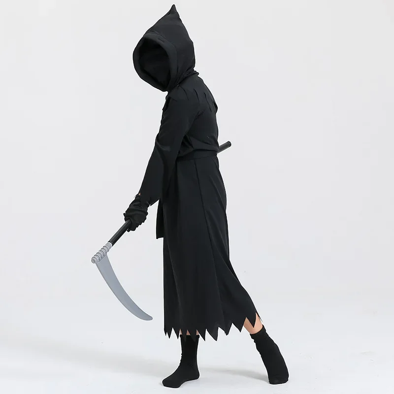 Costume da fantasma della morte Mantello con cappuccio nero Festa di Halloween Cosplay Bambini Spaventoso Grim Reaper Falce Costume Prop Set Regali per bambini