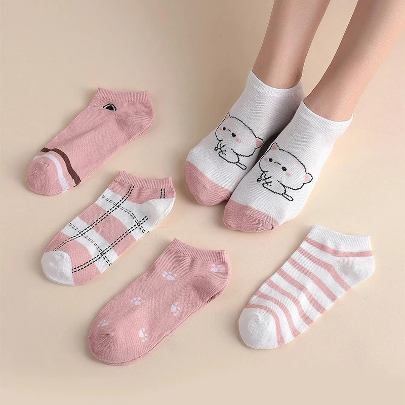 5 Pairs/Set Woman Cotton Ankle Socks Cartoon Breathable Fashion Dropshipping Slippers Sports Harajuku Girls Cute Short Casual