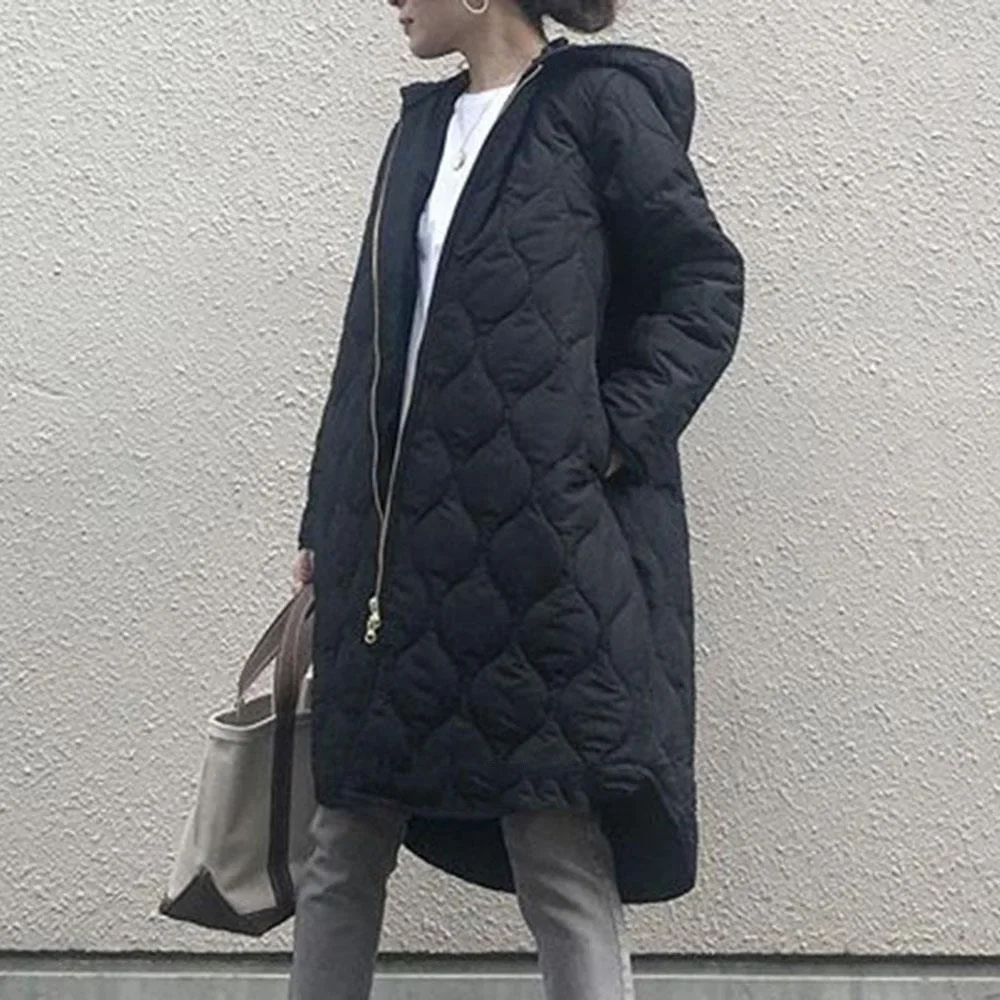 En stock estilo japonés 2024 invierno nueva calle mujer de manga larga con capucha con cremallera abrigo cálido de longitud media invierno para mujer