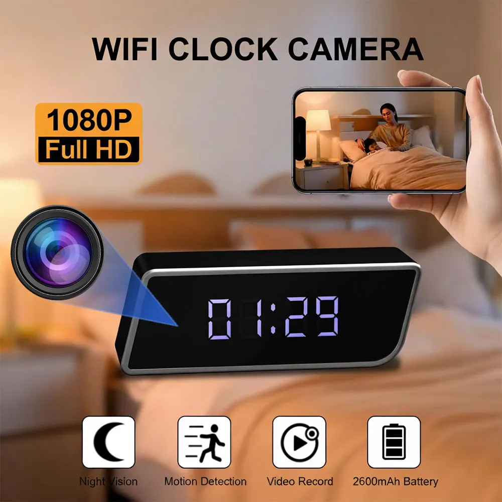 Caméra horloge numérique 2 en 1, affichage de l'heure et enregistrement en temps réel, caméscopes WiFi 1080P FHD avec Vision nocturne, batterie 2600mAh