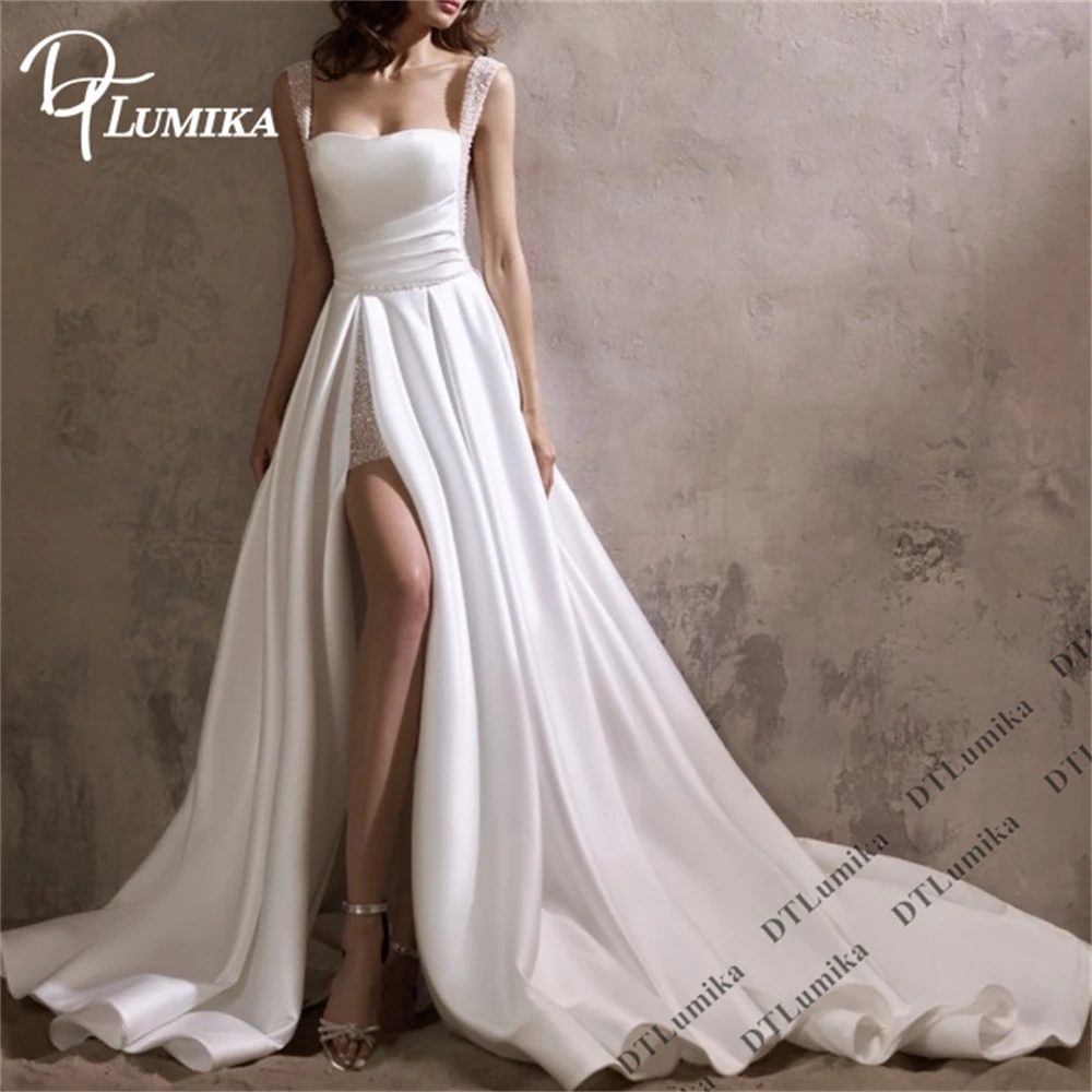 DTLumika Beaded Tank Sleeves Satin Bride Dresses with High Slit,A Line Court Train Bridal Gown Customized Women's Bride Dress