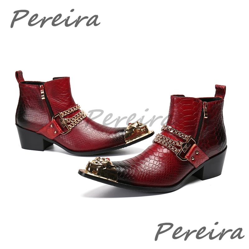 Fashion Metal Chain Chelsea Boots for Men Red Orange Iron Pointed Toe Genuine Leather Zipper Ankle Boots Party High Heel Shoes