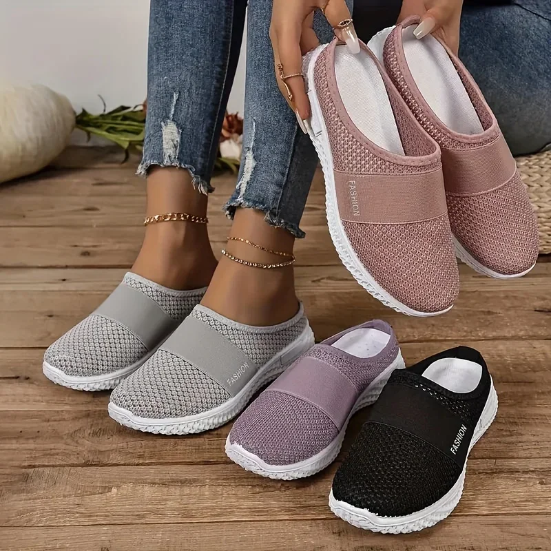 Women\'s Solid Color Mules, Soft Sole Platform Slip On Walking Shoes, Half Drag Breathable Shoes