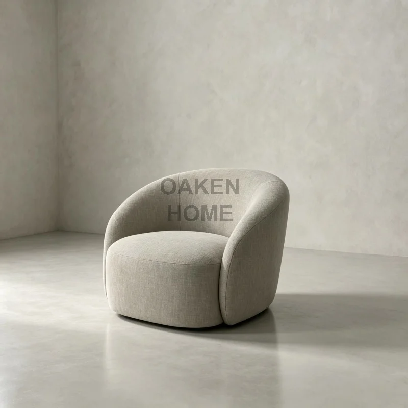 OAKEN Modern Swivel Accent Chair Linen Fabric Upholstered Curved Armchair Minimalist Round Single Chair Living Room Furniture