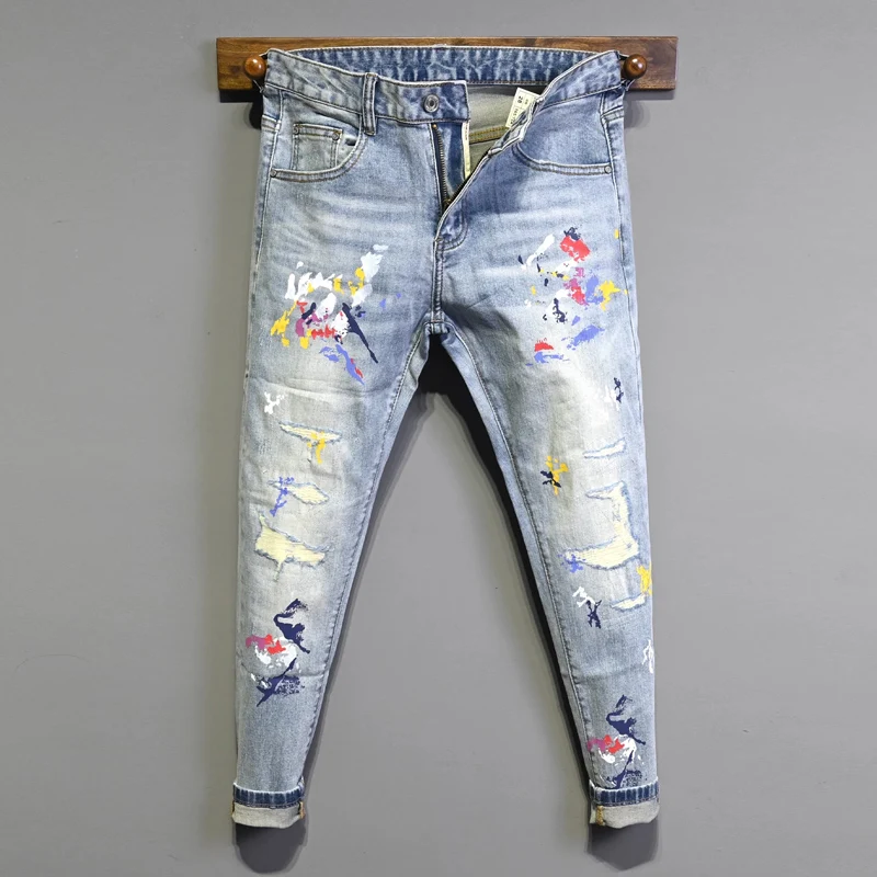 

Summer Designer Fashion Men Jeans Retro Light Blue Stretch Slim Fit Painted Ripped Jeans Men Y2K Casual Vintage Denim Pants
