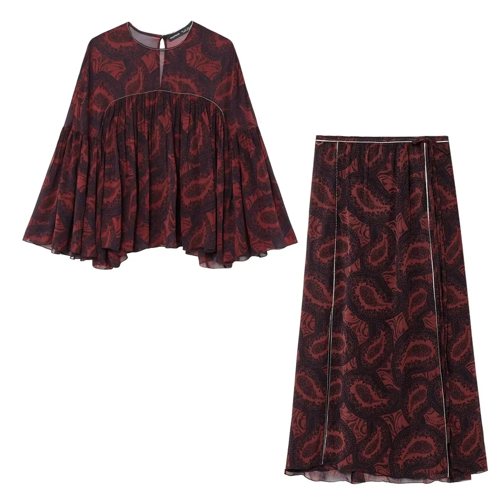 

KONDALA шикарный принт 2024, весенний женский костюм, свободные складки, рубашка с круглым вырезом на пуговицах + длинная юбка с драпировкой на молнии, модные повседневные женские комплекты