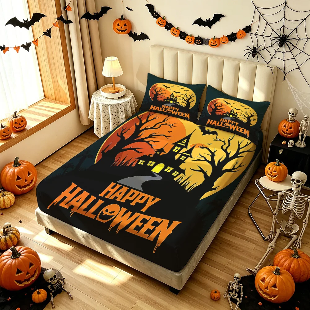 3PCS Halloween Haunted House Bat Dead Tree Printed Bed Skirt Pillowcase Set without a filling soft bedroom bedding decoration