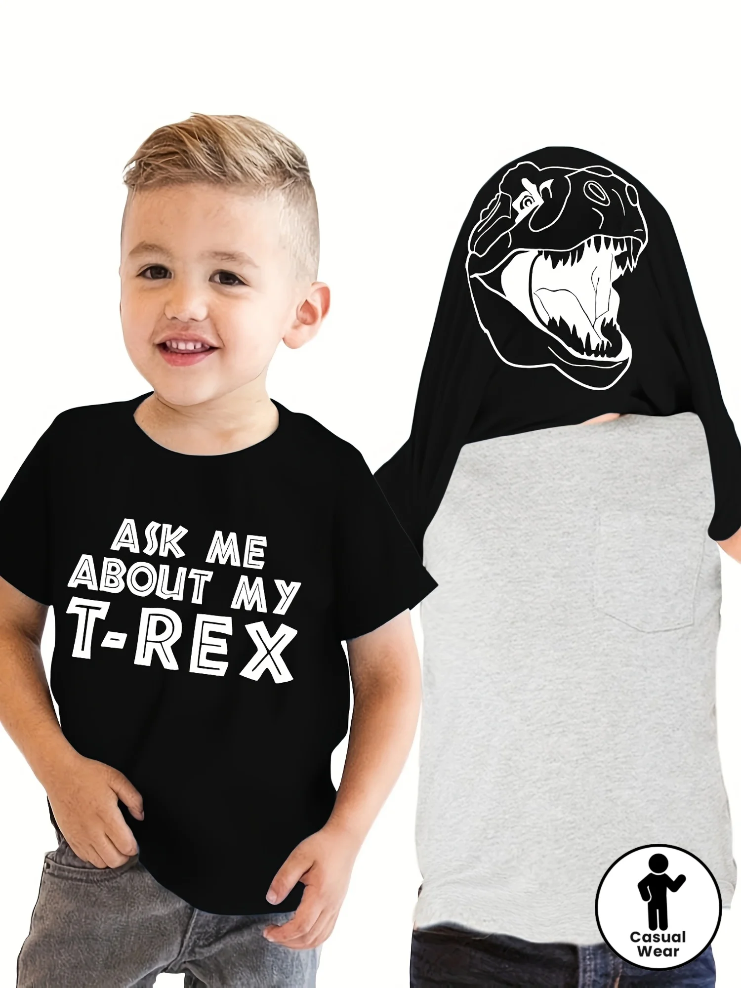 Boys‑Ask‑Me‑About‑My‑TRex‑Dinosaur‑Print‑Opaque‑Crew‑Neck‑Short‑Sleeve‑Summer‑Kids‑T‑Shirt