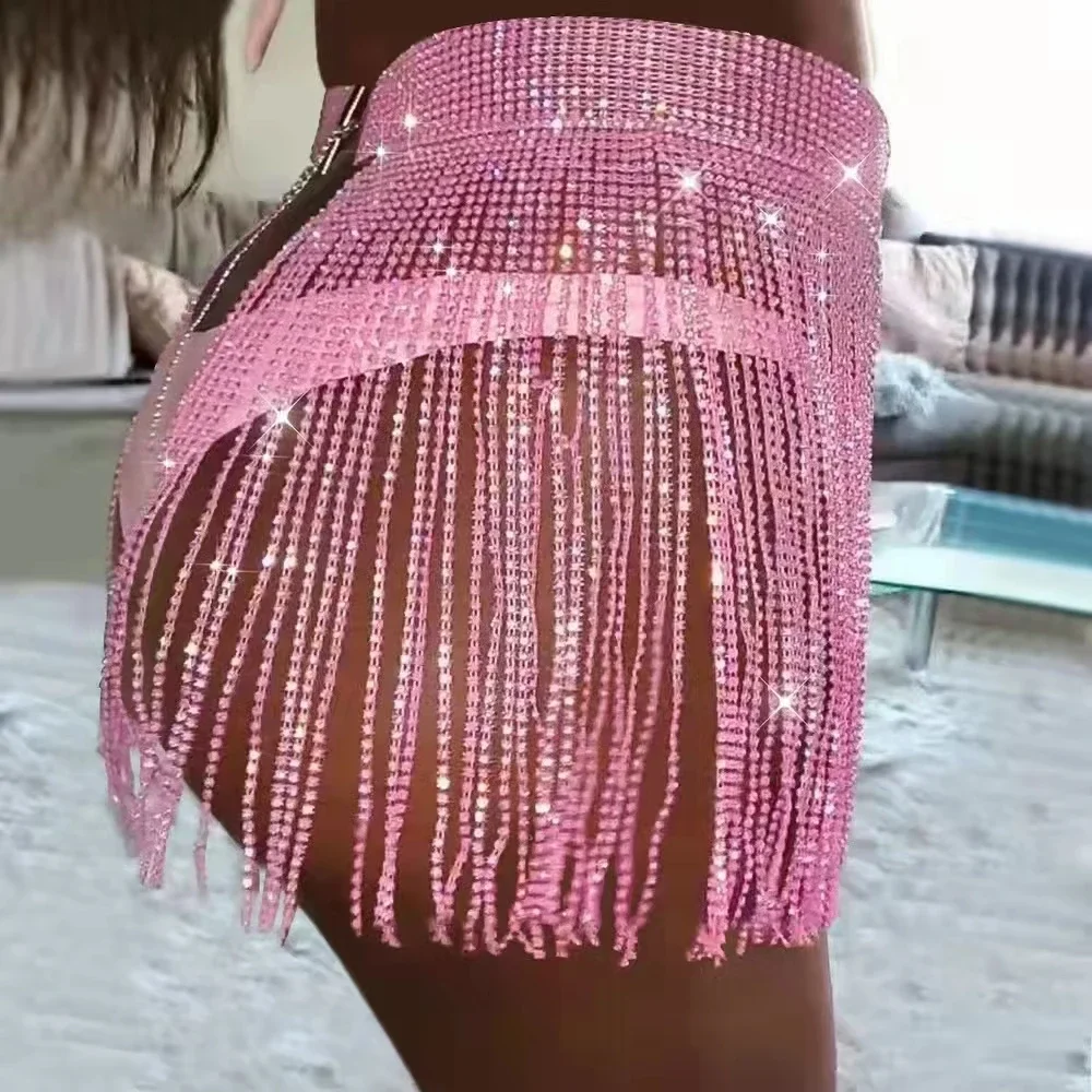 

Women Summer Beach Bikini Mini Skirt Glitter Rhinestone Clothing Long Tassel Skirts Crystal Diamonds Adjustable Sexy Beachwear