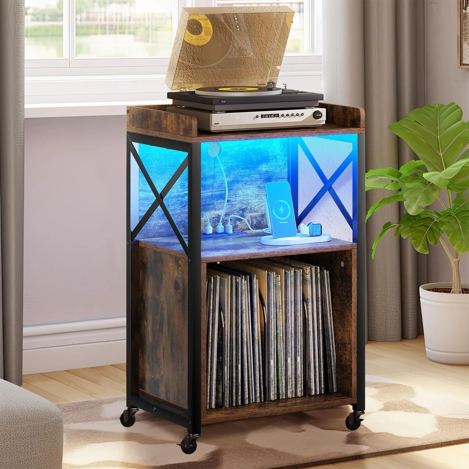 US  Record Player Stand Turntable Storage Audio Cabinet with LED Light Bedroom Table