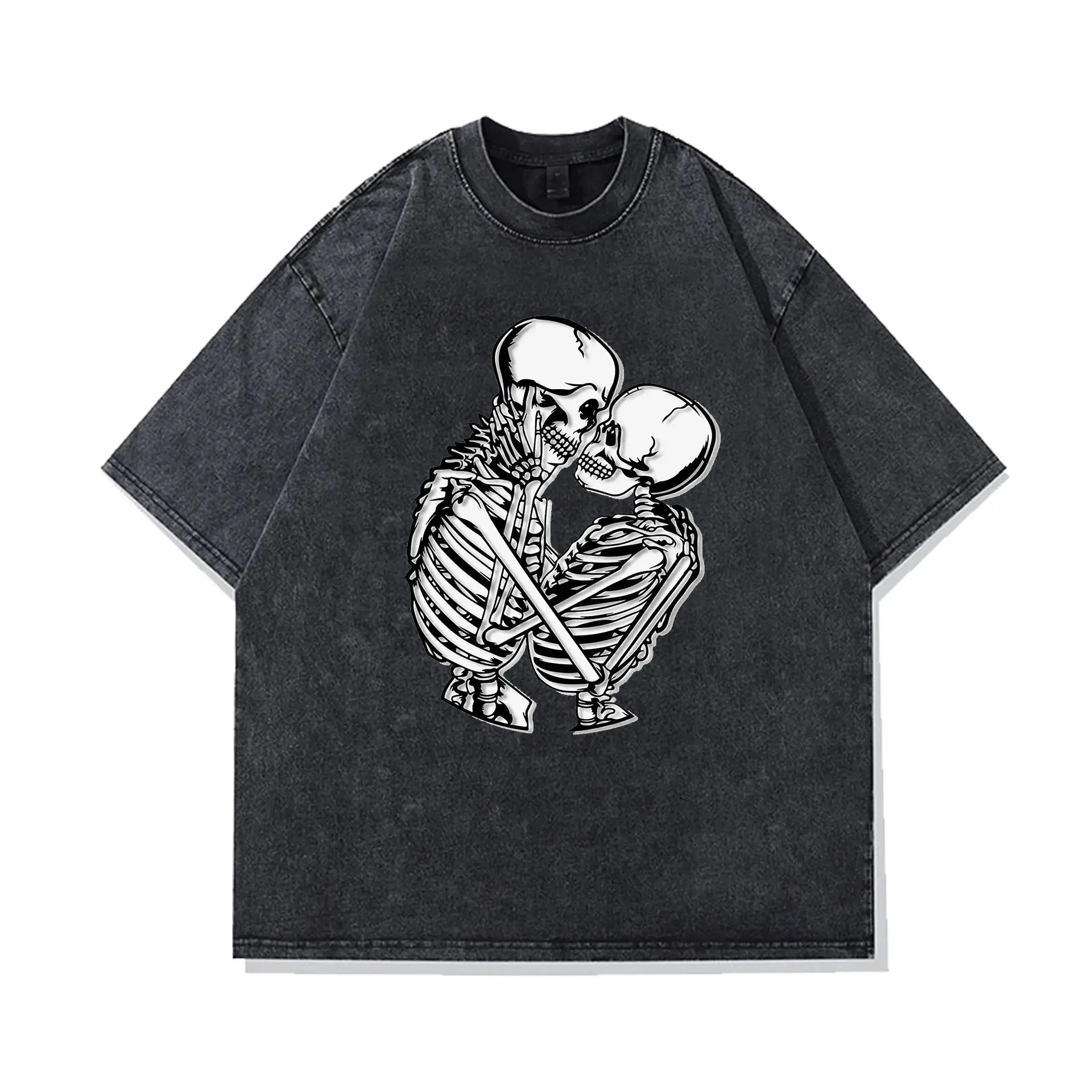 Krótki rękaw, wygodna koszulka, luźny krój, styl uliczny, postarzana, męska, z nadrukiem czaszki, w stylu retro.