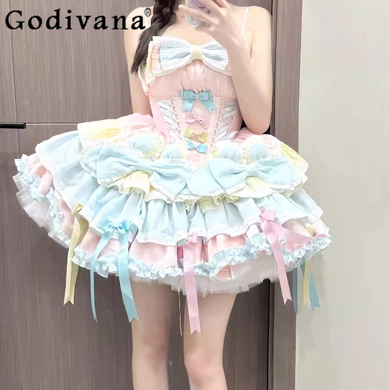 Gradual Change Pink Blue Sweet Bow Princess Lolita Dresses Lace Summer Girl High Waist A-line Versatile Age Reduction Cake Dress