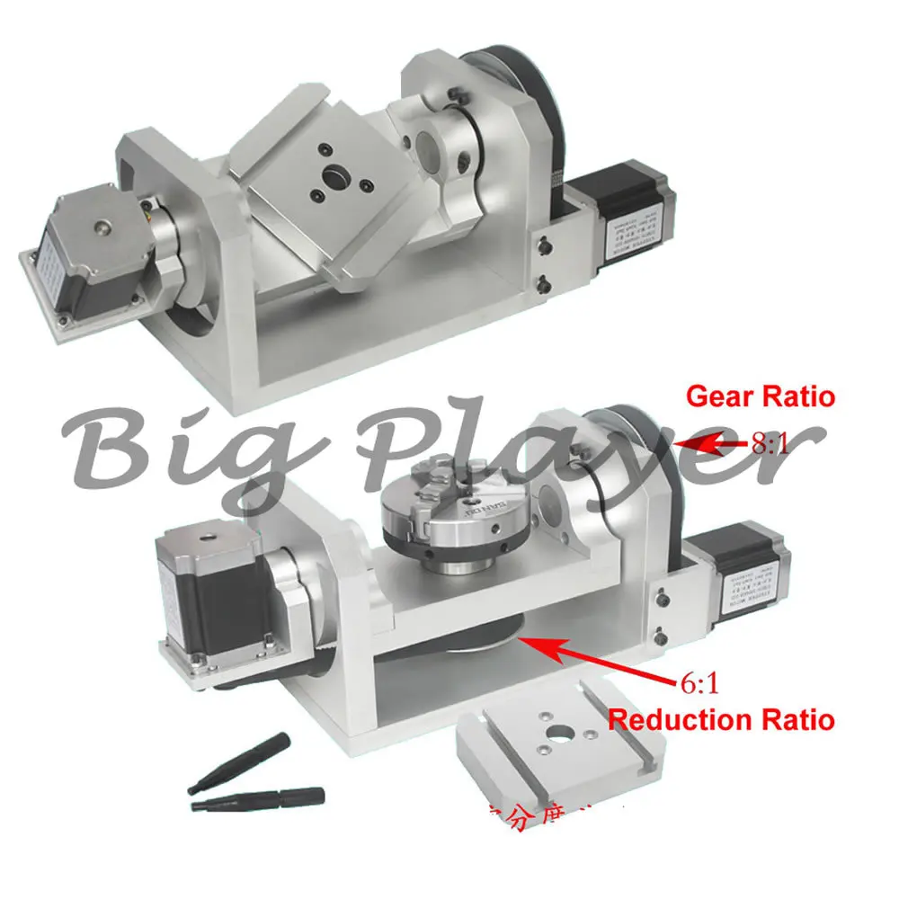 98mm Center Height CNC 4th 5th Rotary Axis - 100mm Chuck T Slot Table 100x125MM 8:1 6:1 Reduction Ratio