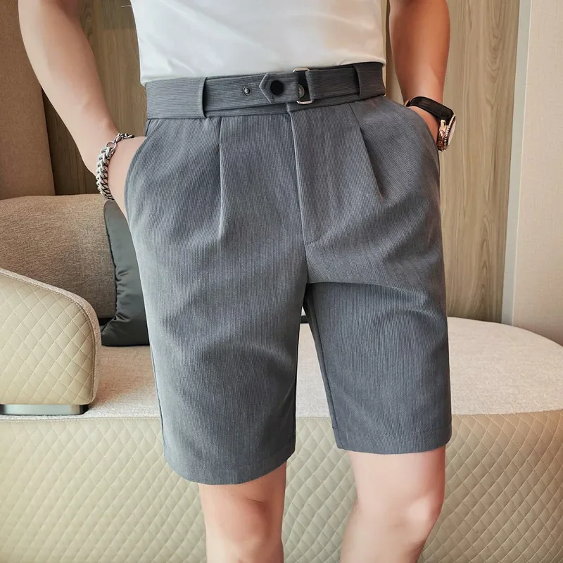 Casual Fashion Middle Pants Non-Ironing Treatment，Men\'s Summer New Cropped Pants, Slim-Fit Solid Color Dark Striped Suit Shorts