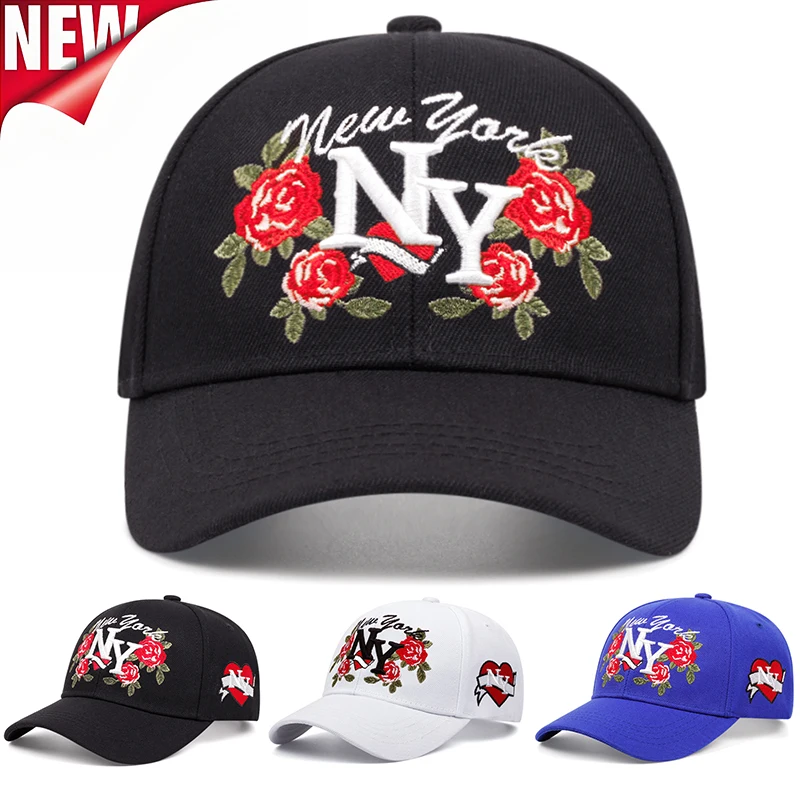 Fashion NY Embroidered Rose Baseball Hat Unisex Personality Hat Hip Hop Hat Outdoor Adjustable Sunscreen Hat Leisure Hat