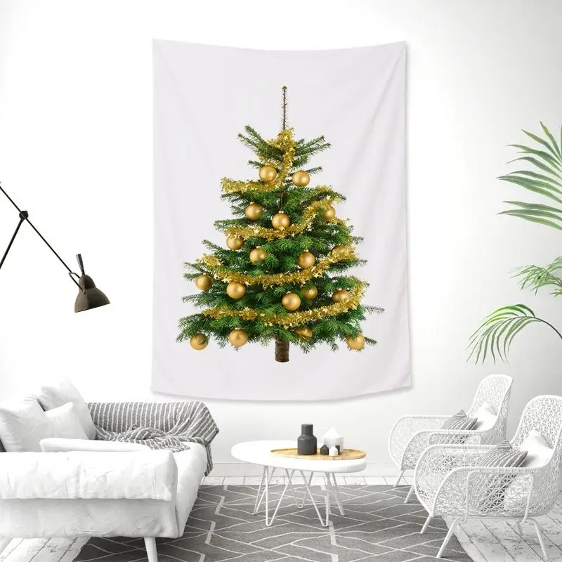 VIKAMA Wall Tapestry Christmas Tree Gold Star Tinsel Red Green Ornaments Modern Home Decor Living Room Bedroom Dorm Festive Soft
