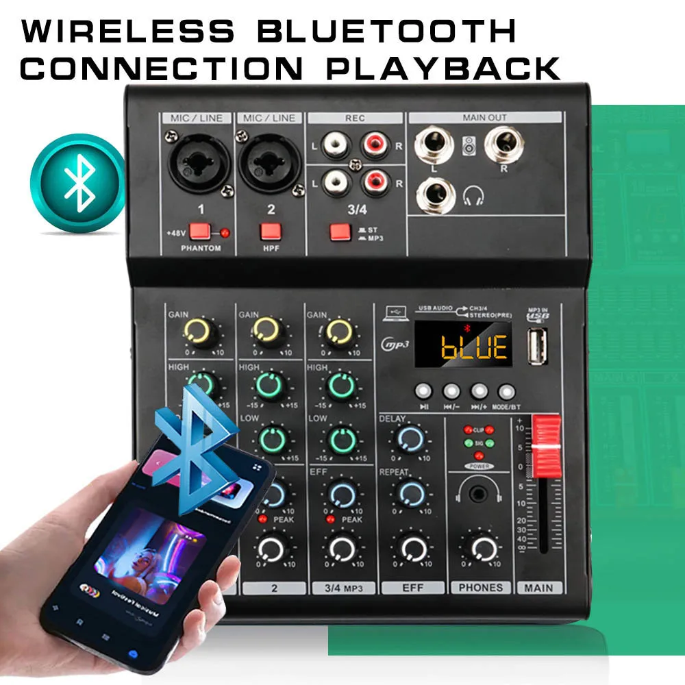 4 Channel  Audio Mixer 48V Phantom Power USB Studio Sound Mixers Wireless Phone Connect Home DJ Console Mixing for KTV