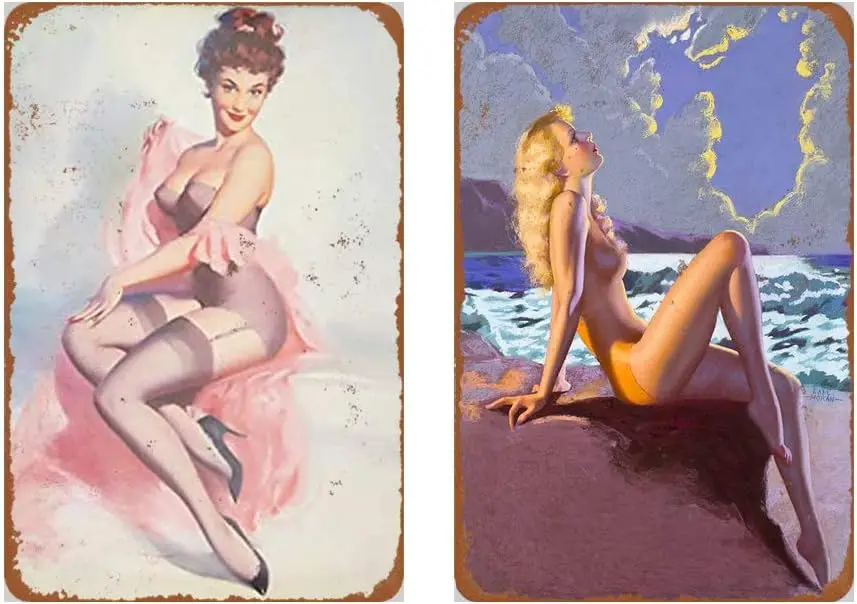 Dmxplus Metal Sign Set of 2 Tin Signs 8 x 12inches - Beach Sexy Pinup Girl Vintage Look Wall Decoration Bar Cafe Home Decor Plaq