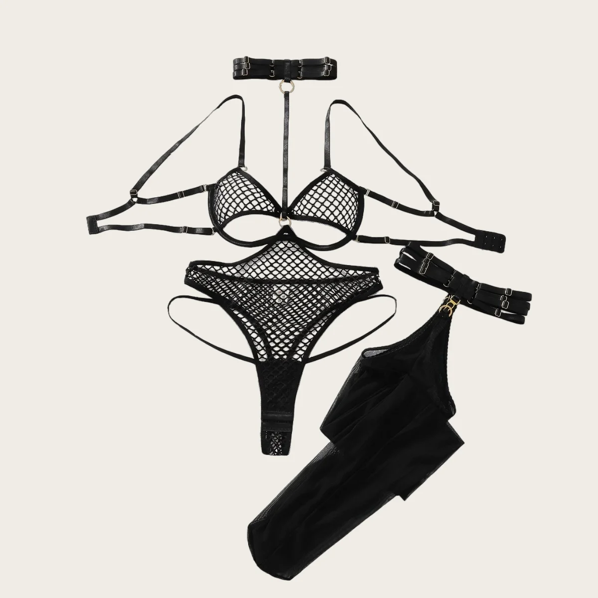 Fantasy Women's Lingerie Sets Fishnet Cutout Bra Halter Open Crotch Thong Leg Straps Stockings See Through Intimates