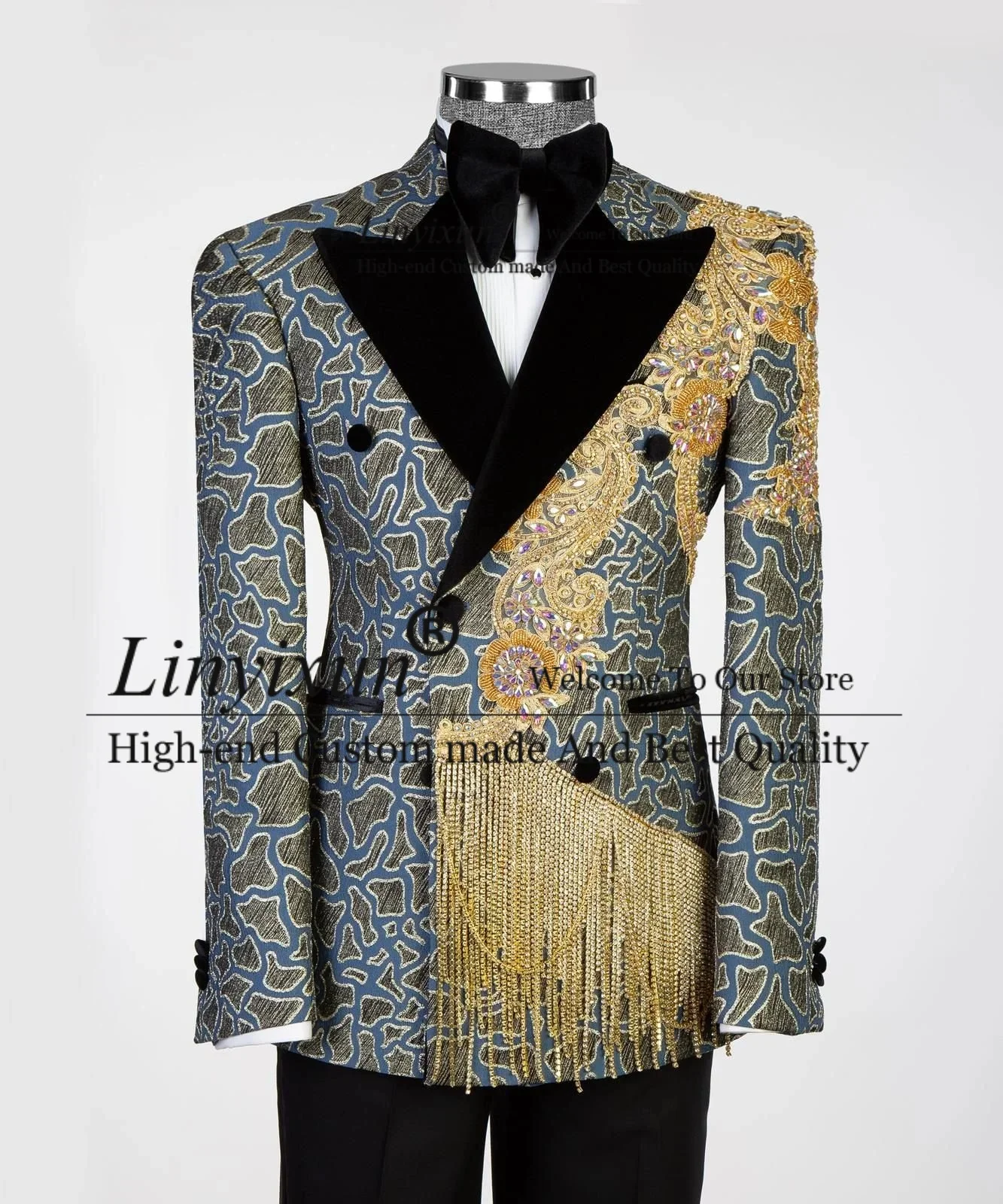 

Luxury Men's Suit Crystal Tassel Peak Lapel Groom Tuxedos For Wedding Male Blazer 2 Pieces Set Slim Fit Customized Costume Homme