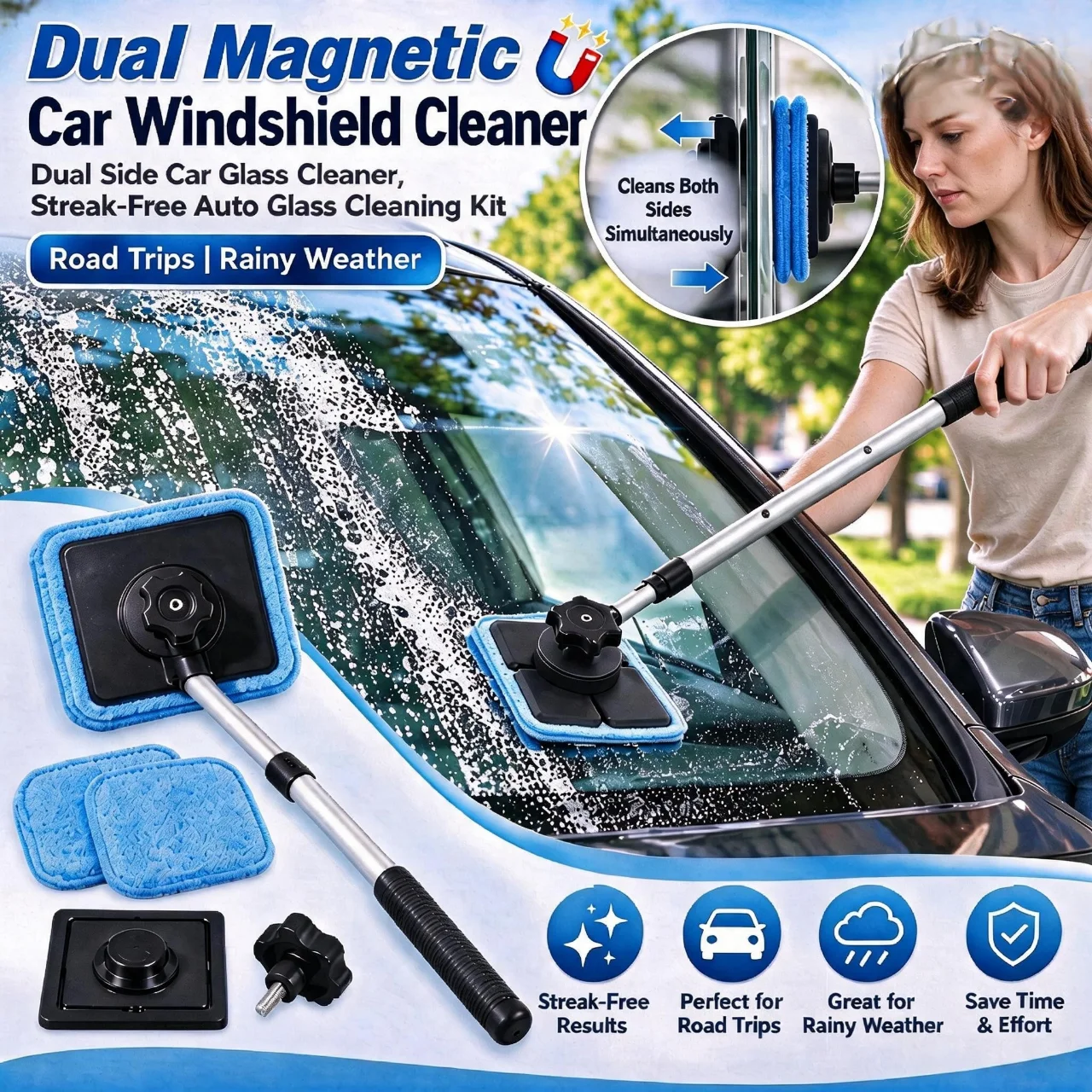 Dual Magnetic CarWindshield Cleaner, Dual Side Car Glass Cleaner,Streak-Free Auto Glass Cleaning Kit,Road Trips, Rainy Weather
