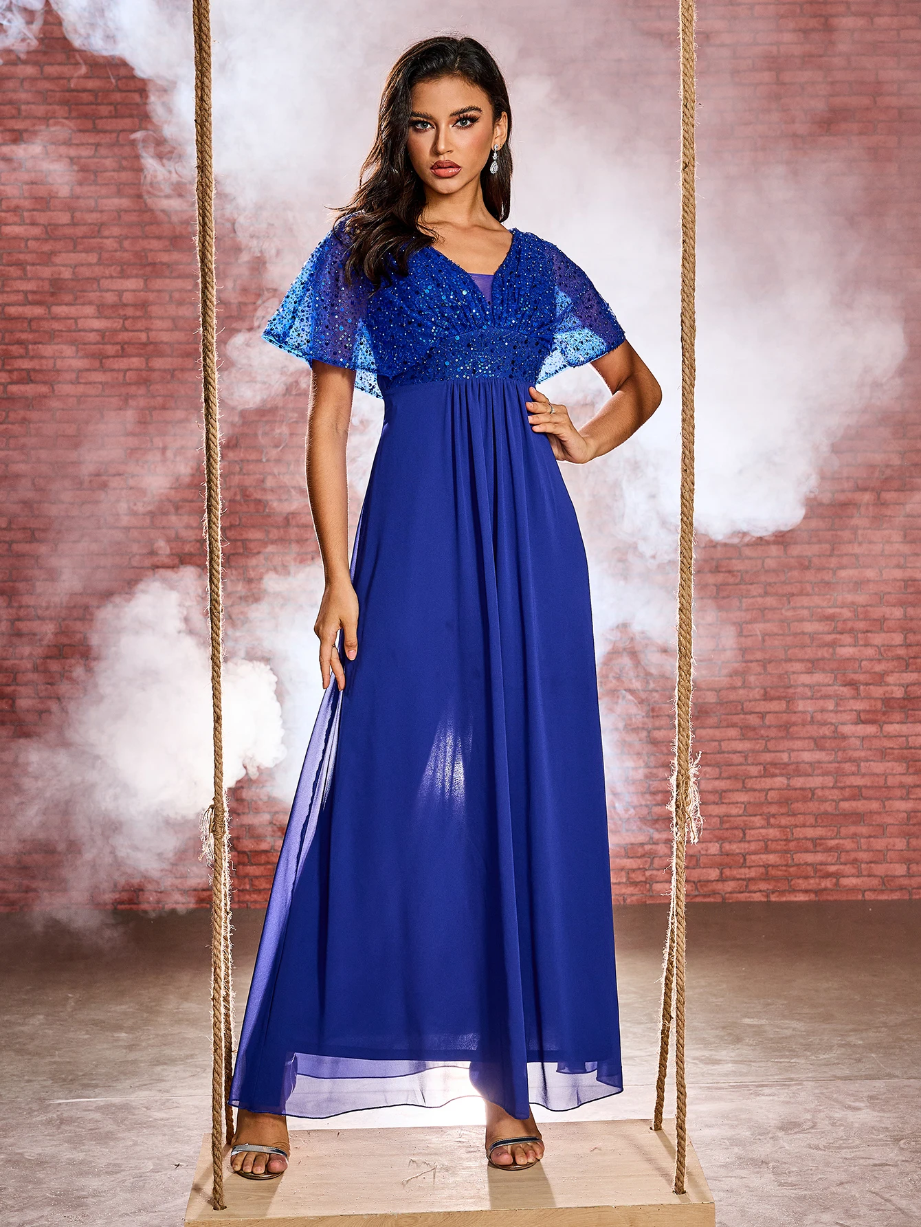 Unithorse Beaded Decorated V-Neck Batwing Sleeve Chiffon Royal Blue Formal Evening Dress