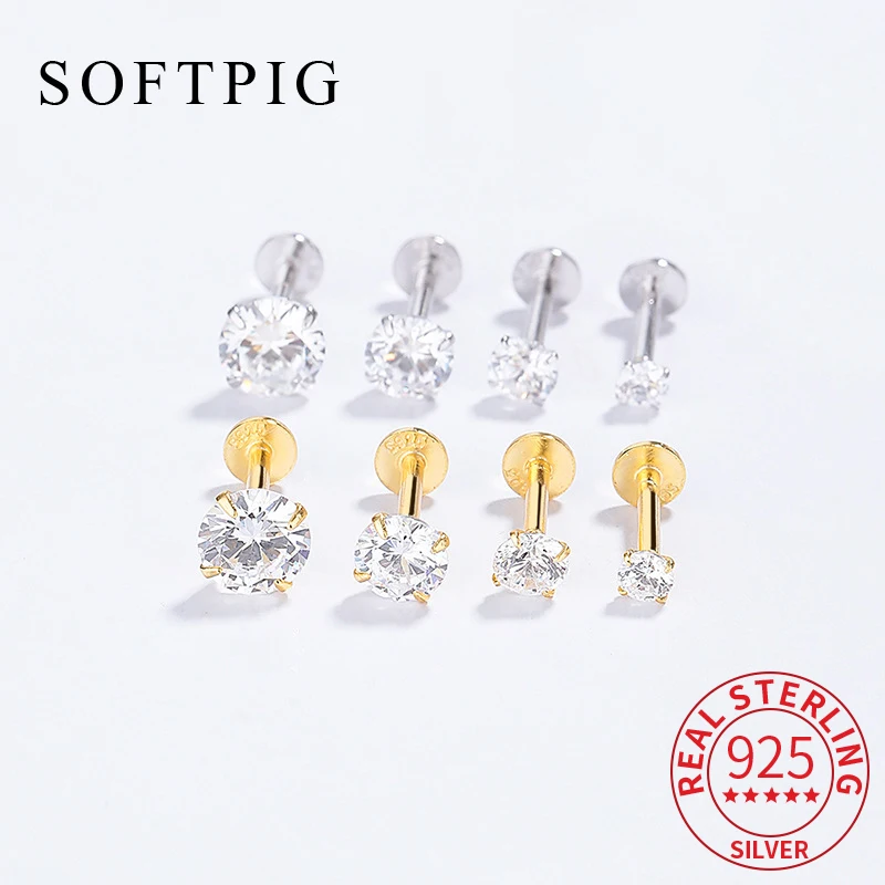 SOFTPIG Real 925 Sterling Silver 3/4/5/6mm Zircon Round Screw Stud Earrings for Women Cute Fine Jewelry 2024 Accessories