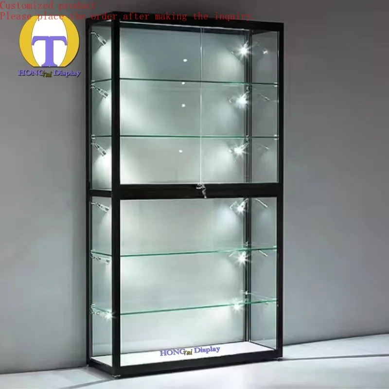 Custom.Beauty Design Wall Showcase Smoke Shop Aluminum and Tempered Glass Sliding Door Glass Display Cabinets