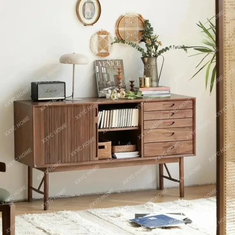 XXSolid Wood Sideboard Black Walnut Locker Wall Sofa Side Cabinet