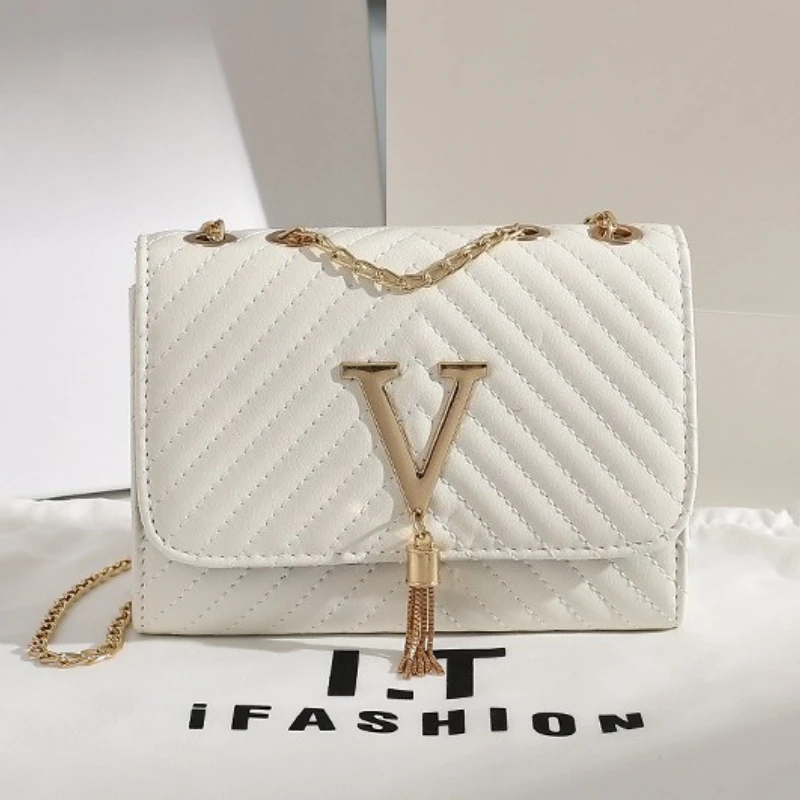 

New Fashionable Striped Embroidered Shoulder Bag with V-shaped Tassel Decoration Chain for Women's Crossbody Bag