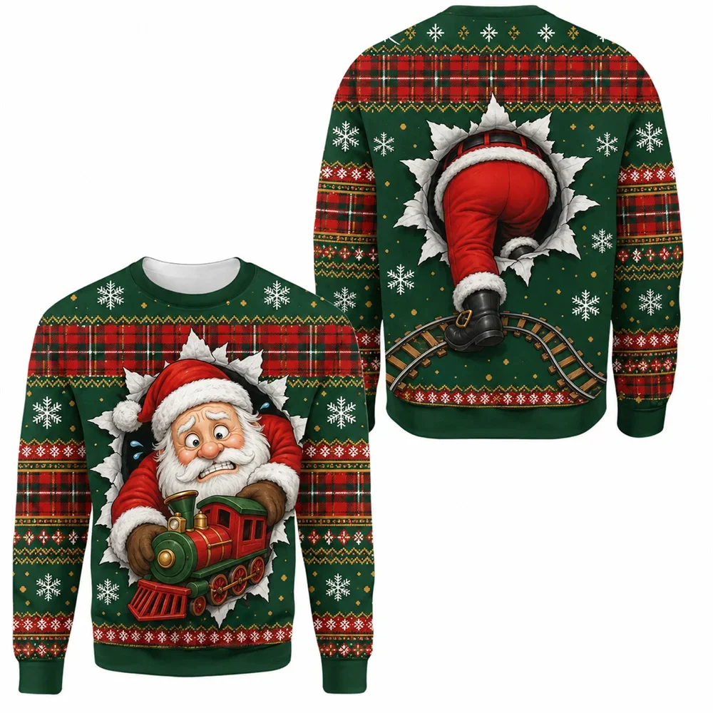 Funny Santa Claus Sweatshirt for Men 3D Printed Snowball Snowflake Crewneck Sweatshirt Ugly Christmas Party Xmas Holiday Top
