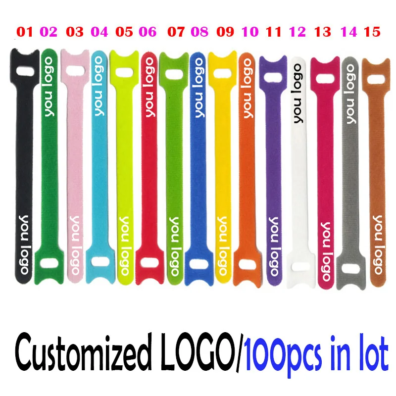 

1000PCS 200mm Customized LOGO nylon Reverse buckle hook loop fastener cable ties strap sticky Line finishing print your logo