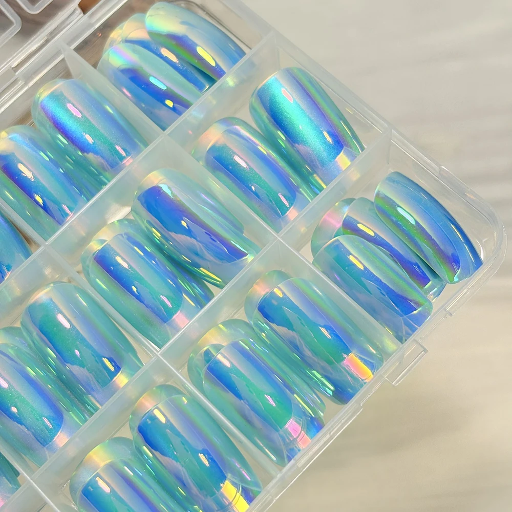 144Pcs Holographic Blue Chrome Press On Nails Iridescent Plating Medium Square Fake Nail for Women Daily Party False Nail Tips D view 2