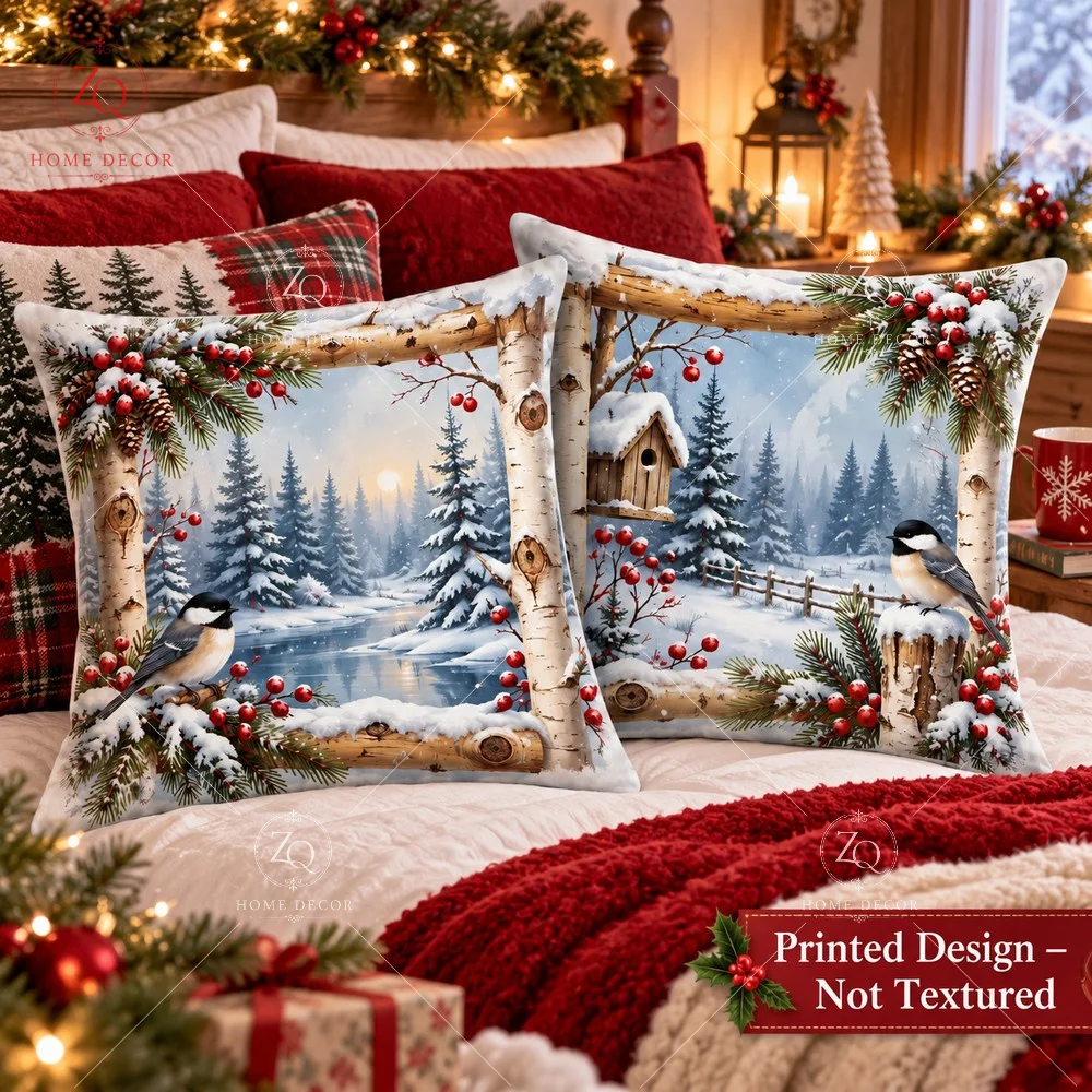 Winter Landscape Cushion Cover Peach Skin 2D Flat Printed Xmas Pillowcase Birdhouse Birch Throw Pillow Cover Couch Sofa Decor