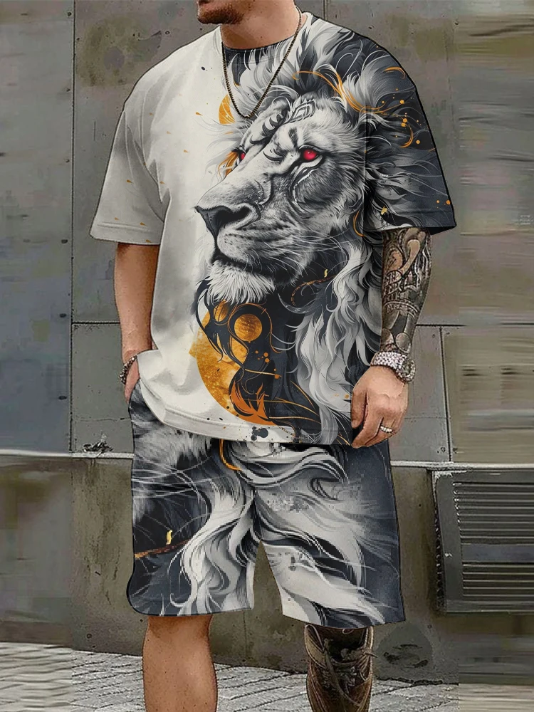 Herren Kurzarm Set Proudly Unruly Lion Print Rundhals Kurzarm Shorts Set Mode Lässig Herren Zweiteilige Kleidung