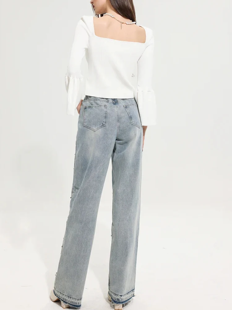 GALCAUR Spliced Botton Trousers For Women High Waist Patchwork Diamonds Denim Pants Fashion Loose Female Casual Clothing 2024
