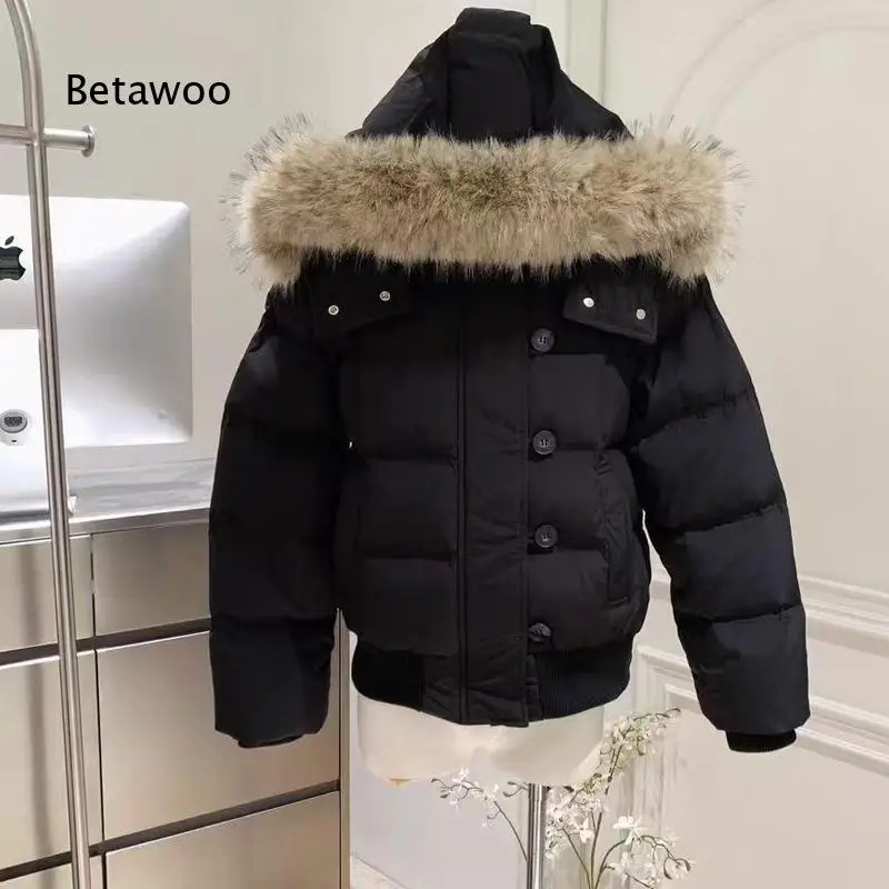 Women Short Thickened Cotton Coat With Faux Fur Trim On Hood Casual Warm Winter Jacket Slim Fit Outerwear For Cold Weather