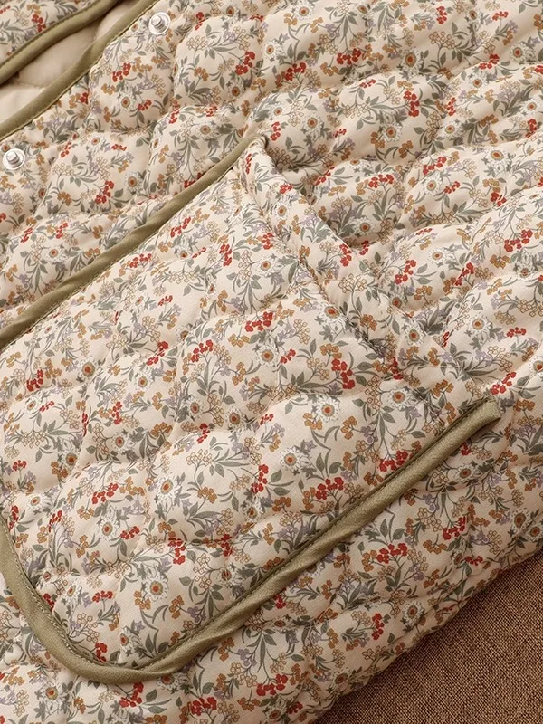 Chaqueta de Aodón con Cuello Redondo y Estampado Floral para Mujer, Ropa de Invierno, Rell de Aodón, Hoada, Adeaza...