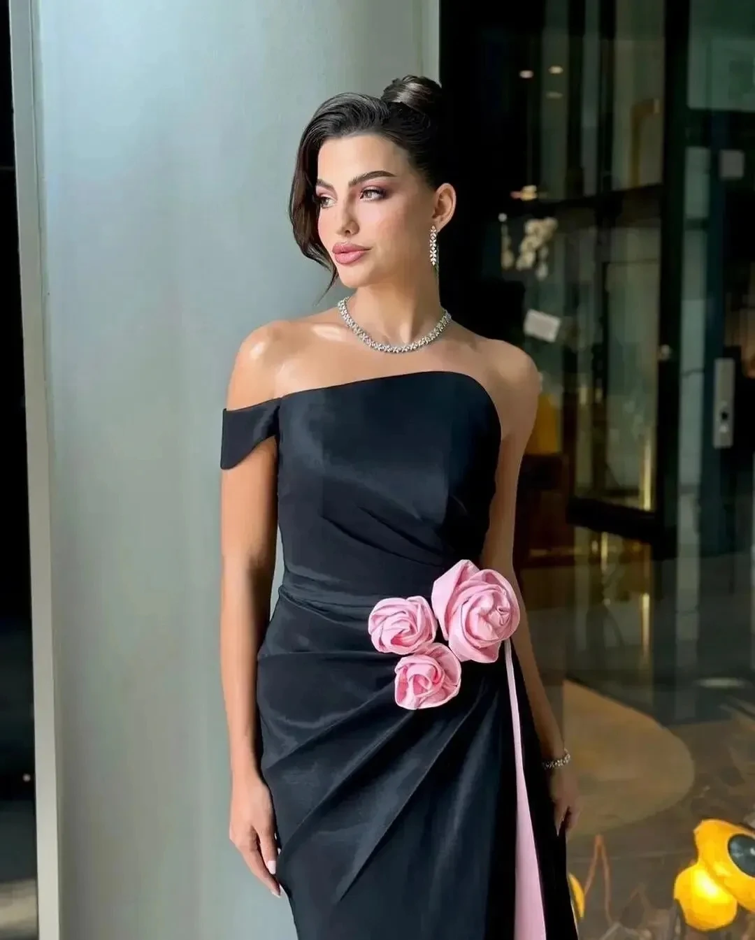 ชุดเดรสยาวสำหรับผู้หญิงชุดเดรสยาวเปิดไหล่ลายดอกไม้อาหรับเปิดไหล่สำหรับใส่ไปชุดเดรสปาร์ตี้ชุดกระโปรงนางเงือกแยกออกจากดูไบ