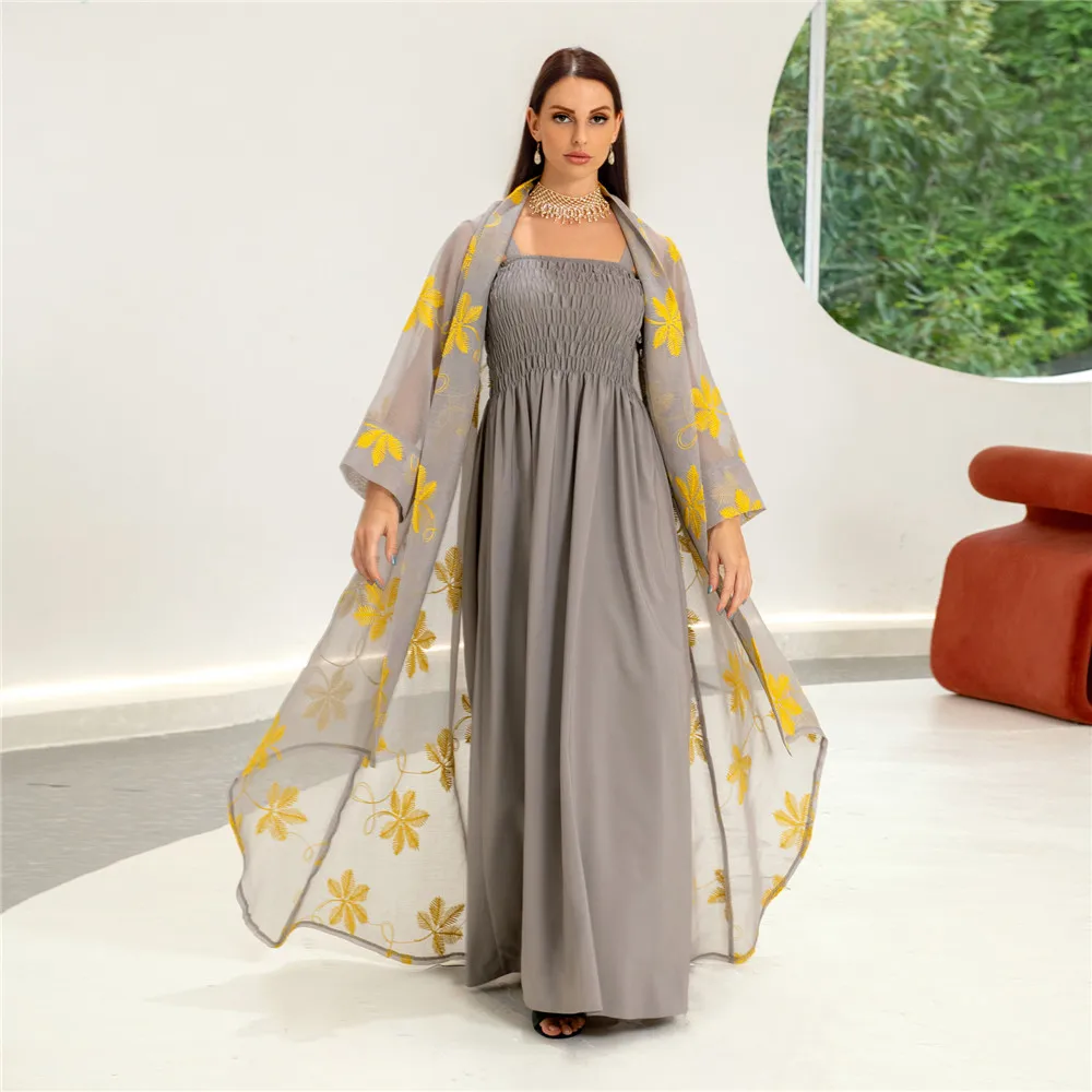 2 Pieces Set Elegant Women Dresses Abayas For Women Muslim Mesh Floral Embroidery Lace Belted Kaftan Dress Moroccan Outfits Robe