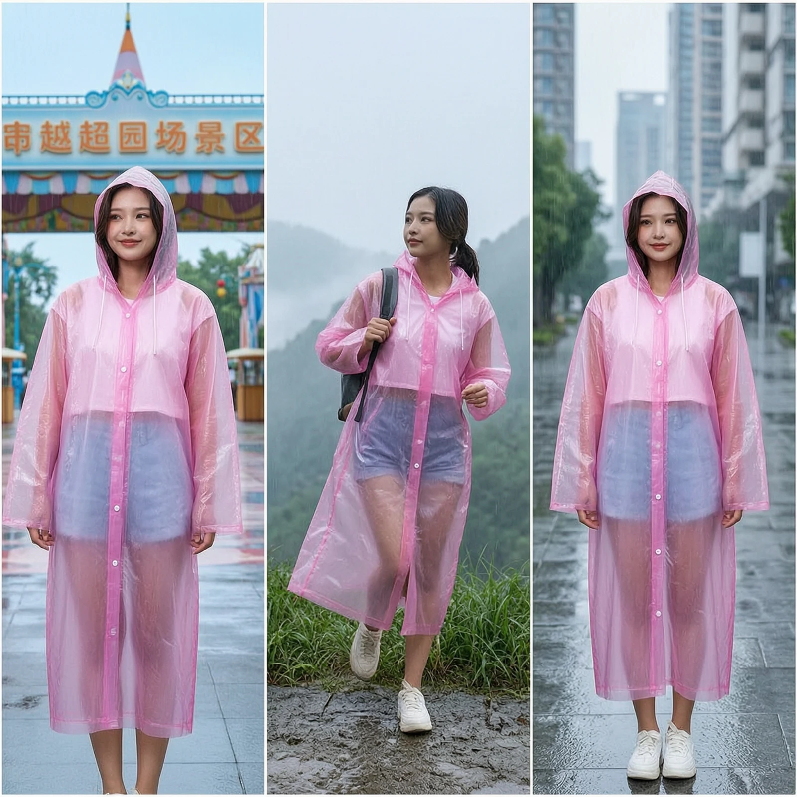 Hooded Rain Poncho with Snap Buttons Long-Length Disposable Raincoat with Sleeves Rain Poncho with Hood One-Size Rainwear