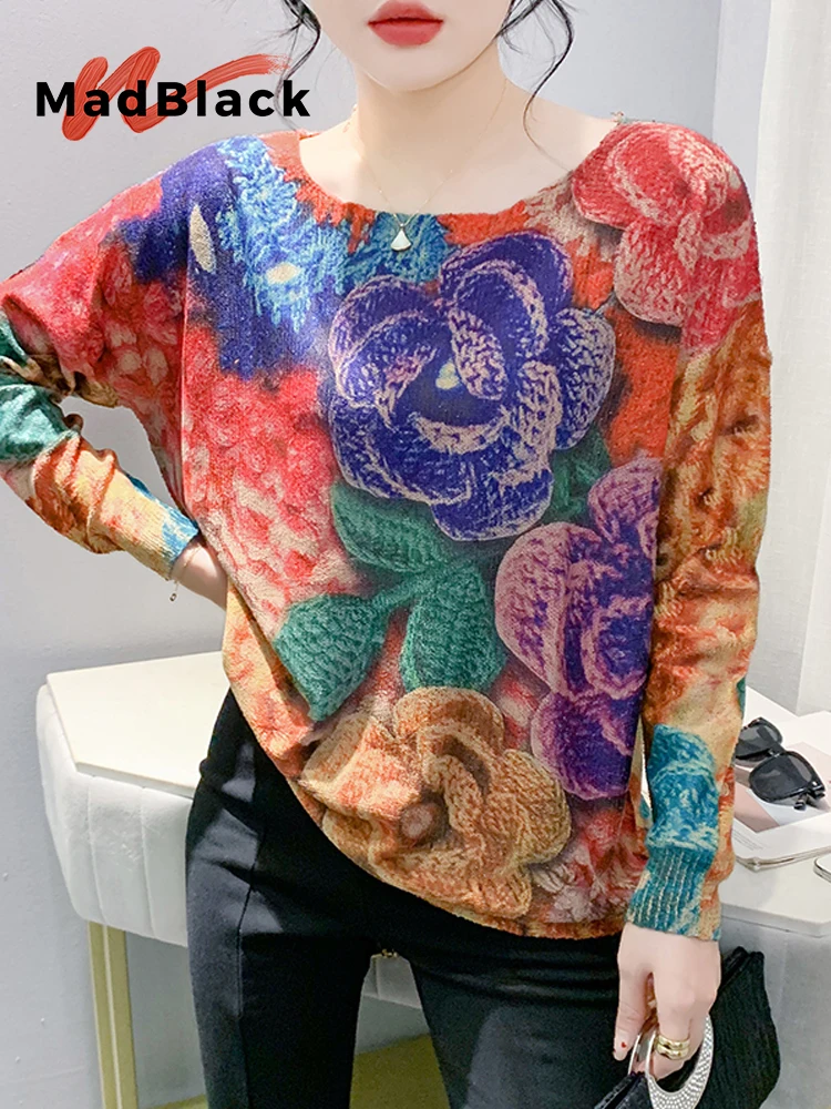 

MadBlack-Women European Clothes Sweaters, Sexy O Neck Floral Print, Fashion Long Sleeve Loose Knitwear, 2025 Winter New T5N970CC