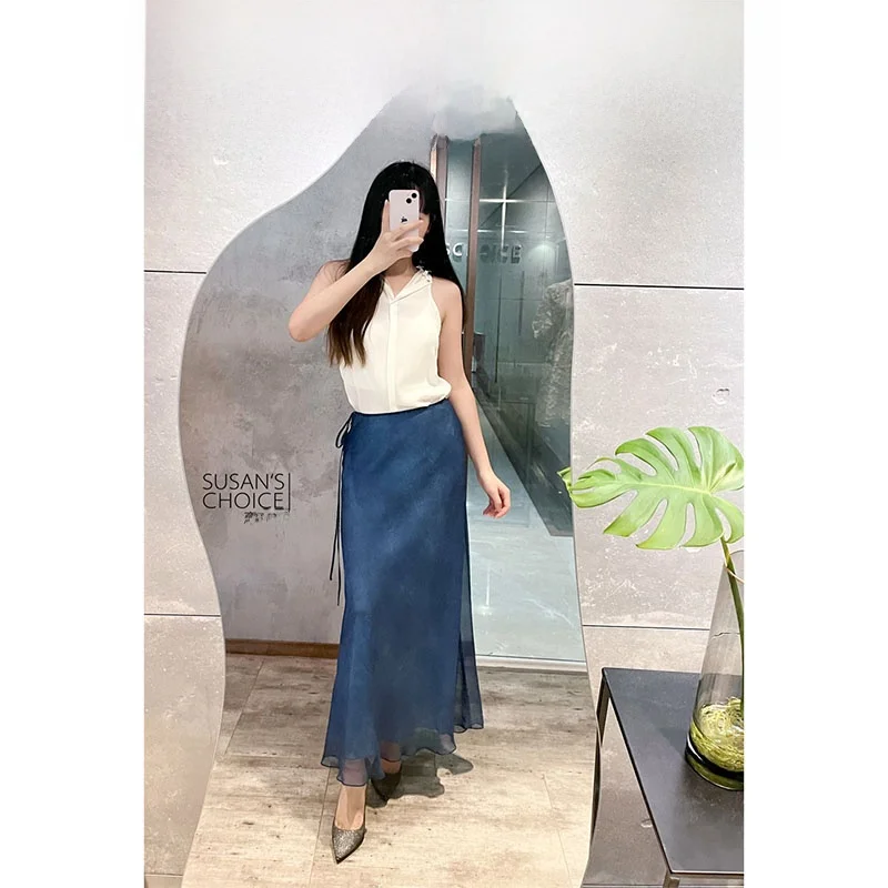 

Susan Vintage Blue Double Layer Silk High Waist Fish Tail Skirt Women's Fashion Elegant Draped Style Half-length Skirt