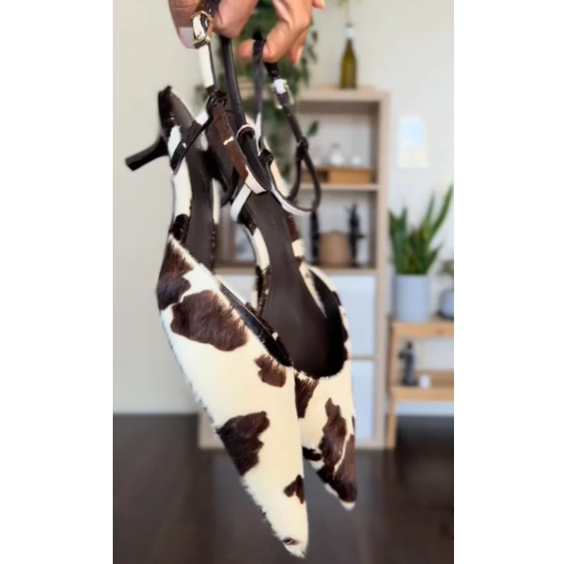 

Cow Pattern Pointed Toe Cat Heel Sandals Woman Summer 2026 Closed Toe Slingback Strap Buckles Low Heels Shoes for Women