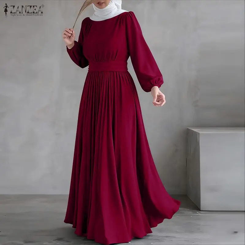 우아한 무슬림 아바야 드레스 ZANZEA 여성용 스타일리시한 솔리드 A라인 파티 드레스 O넥 긴팔 선드레스 라마단 로브 베스티도 카프탄