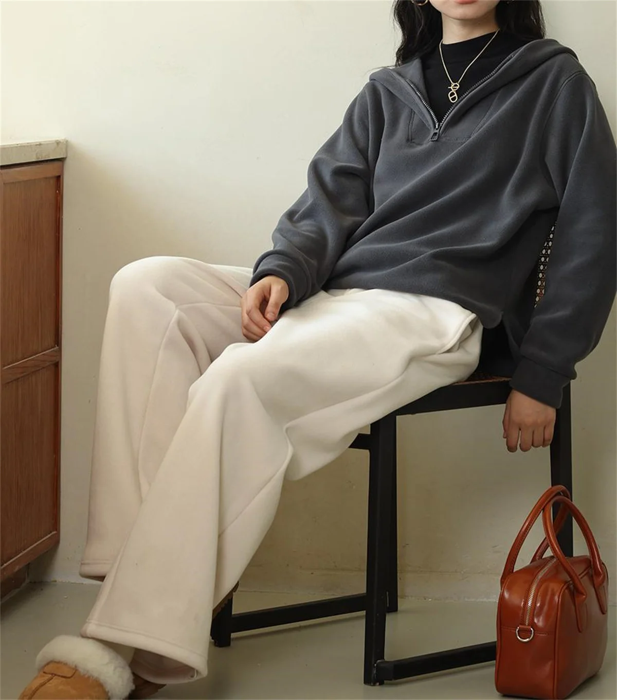 Fashion Straight Pants Double-Faced Fleece High Waisted Solid Wide Leg Trousers Winter Casual Street Commuting Women's Clothes