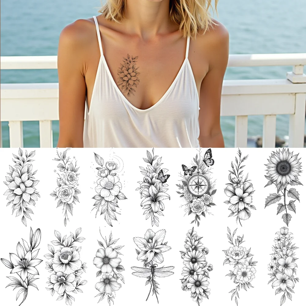

9pcs Temporary Tattoo Dragonfly Detail Waterproof Long-lasting Body Stickers Butterfly Accent Sunflower Motif Line Art For