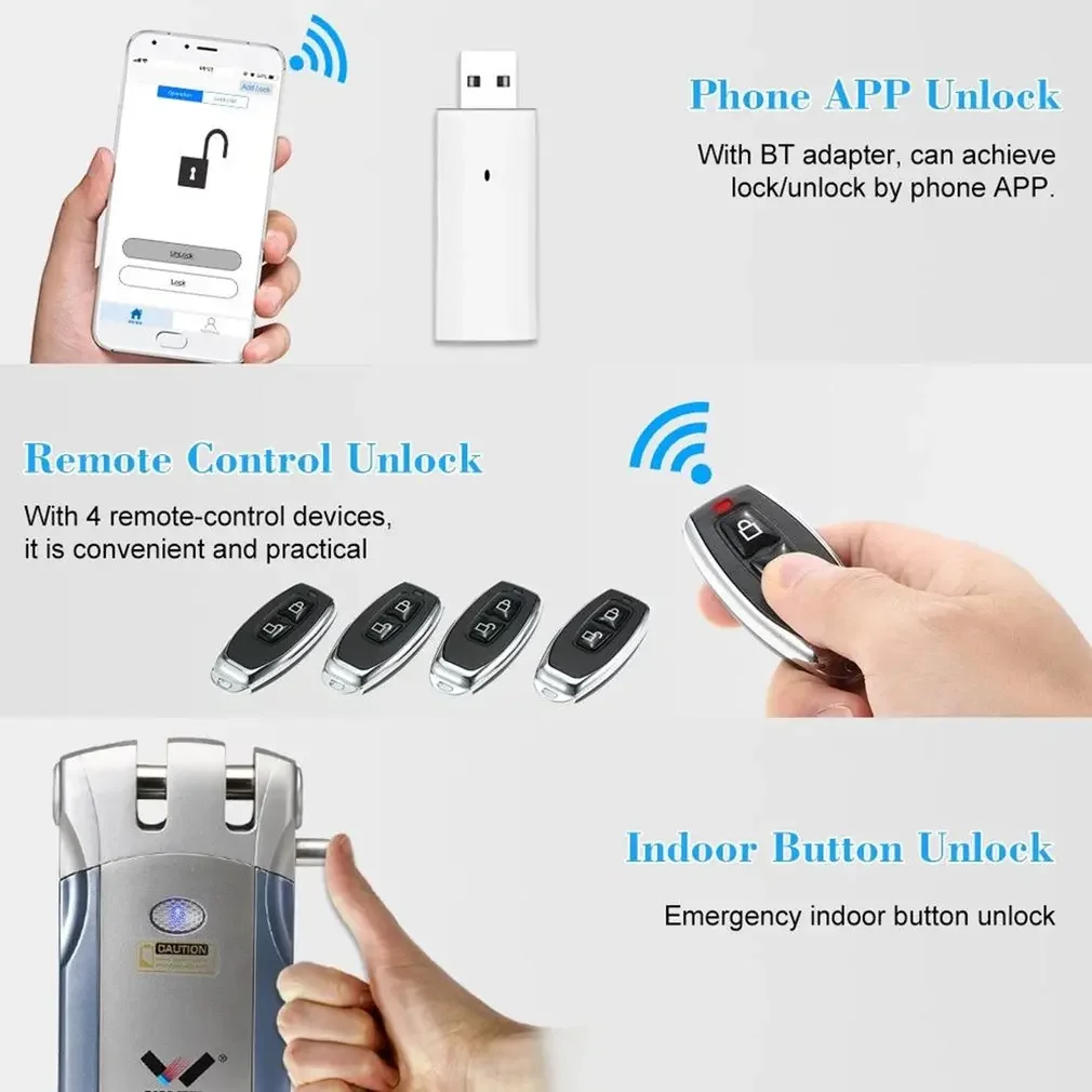 Wafu 019 Remote Control Door Lock TUYA Wifi Electronic Smart Lock 4 Remote Controll Deadbolt Lock Bluetooth Invisible lock Blue